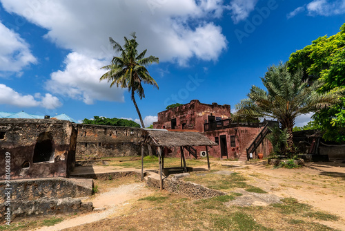 old fort Jesus in Kenyan city of Mombasa on the coast of the Indian Ocean. Fort Jesus is a Portuguese fortification in Mombasa, Kenya. It was built in 1593