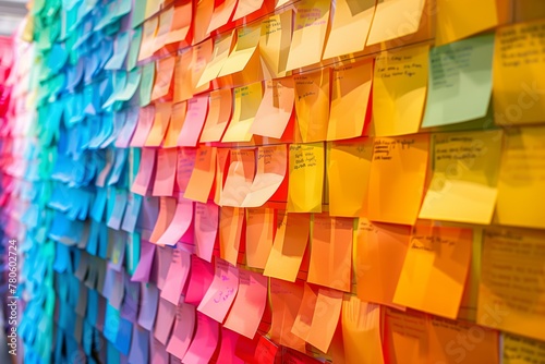 Colorful Sticky Notes Wall for Brainstorming. Vibrant wall covered in colorful sticky notes, representing a brainstorming session in a creative workspace.