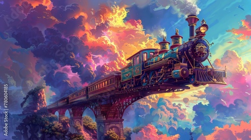 A colorful steam train with an ornate front car is flying through the sky, crossing over a bridge in a dramatic fantasy art style with a cartoon realism effect, in a colorful landscape background