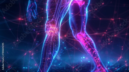 Neon depiction of quad muscle strain, with nerves on a calming dark backdrop