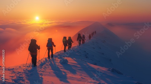 A group of people walking up a snowy mountain with backpacks, AI