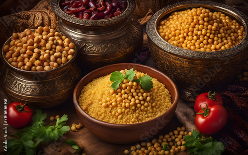 Moroccan couscous, vegetables, chickpeas, raisins, ornate bowl, warm colors, soft lighting