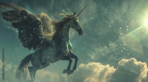 In the realm of the sky, a Pegasus soars, its mane a cascade of starlight, each beat of its wings a whisper to the wind, calling forth the celestial dance hyper realistic