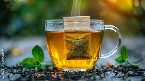 An inviting glass mug of tea with a tea bag, placed outdoors surrounded by natural greenery and subtle floral notes.