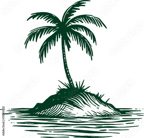 lonely small island with one palm tree vector art stencil drawing
