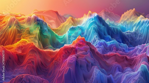 3D render of a colorful landscape made from thousands of vertical 2D stripes, with a gradient background and intricate details creating a depth effect