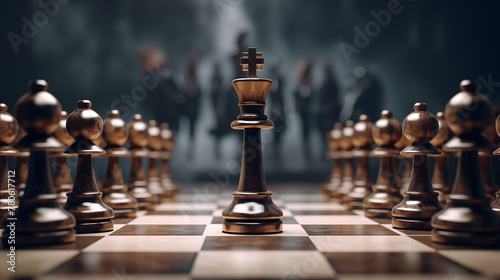 Chessboard Battle: Strategy, competition, and leadership clash as chess pieces move across the board in a game of wits and tactics