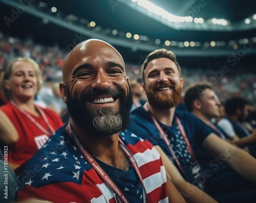 Active happy fans with American flags watch the team play during the Olympic Games, Championship.