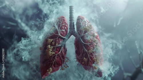 A detailed depiction of the respiratory system, illustrating the lungs and airways with hyper-realistic precision