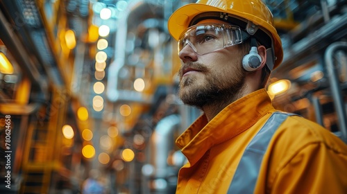 Workers in large industrial plants wear protective equipment including hard hats, eye protection, ear plugs, and vis clothing.