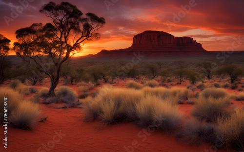 Fiery red and orange Australian Outback at dusk, rugged terrain, vast, wild landscape