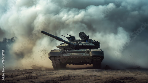 An armored battle tank charges through a cloud of dust in a display of military power and urgency