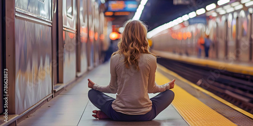 Woman doing yoga on a railway platform, ai generated.