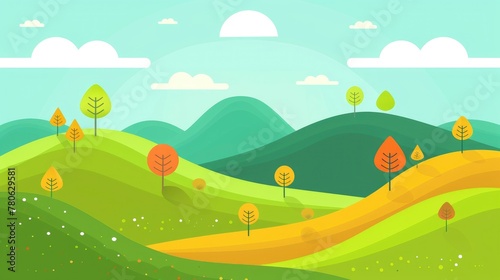 illustration of trees and bushes in the style of flat design, green mountains with a yellowish teal background, colorful, bright colors