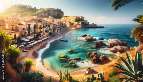 Photo real as Sicilian Shores: Explore Sicily's sandy beaches and charming hilltop towns for a quintessential Italian summer in Famous Location photography theme