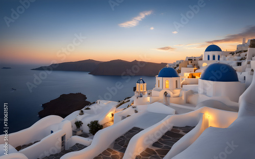 Santorini sunset, white Cycladic houses, bright blue domes, calm Aegean Sea, dreamy Greek island