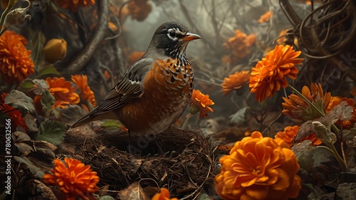 "A Charming Image of a Robin Nesting in a Lush Garden