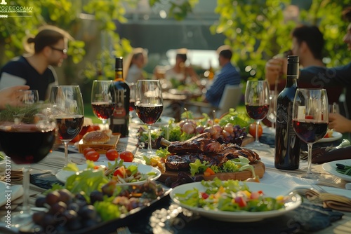 a group of people are sitting at a table eating food and drinking wine