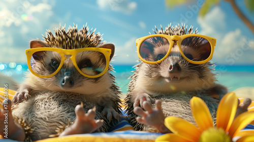 Two hedgehogs lying on a beach chair wearing sunglasses This scene is fun. with hedgehogs enjoying a day at the beach