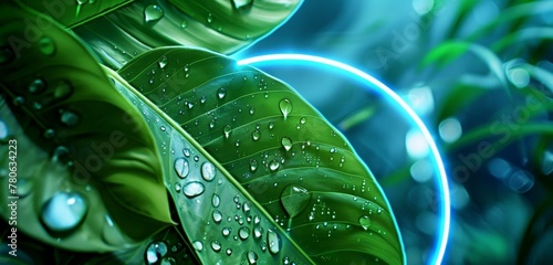 A close-up view of exotic tropical leaves with droplets of water, highlighted by a glowing blue neon circle.