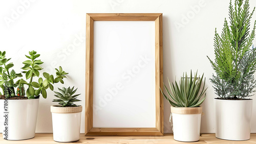 A mockup of an empty brown frame on the table and different plants in pots