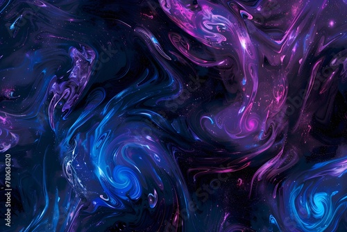 An abstract cosmic swirl of blue and purple hues with twinkling star-like specks, evoking the vastness of a galaxy.