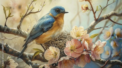 Nesting Birds and Blooming Branches, The Harmony of Spring Life