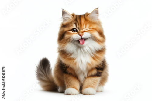 Full body cat winking and sticking out tongue isolated on white background