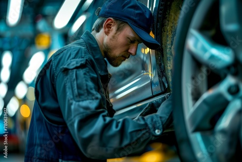 A man working on a vehicle in a garage, conducting a safety inspection. He is checking essential components like brakes and tires