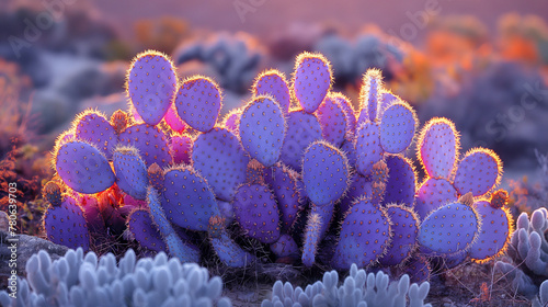 A vibrant purple color of prickly pear Baby Rita cactus in the middle of a desert