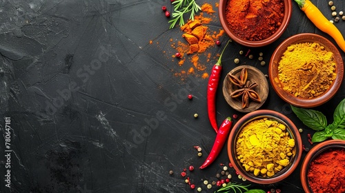 background of various aromatic spices. Assortment of oriental herbs and spices. top view. copy space. paprika and turmeric