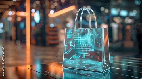 Holographic shopping bag with credit card icons symbolizing futuristic online commerce
