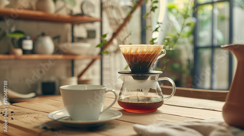 Brewing coffee with a V60, capturing the art of pour-over coffee, showcasing the meticulous process of hot water spiraling through finely ground beans in the V60's conical filter, resulting in a cup 