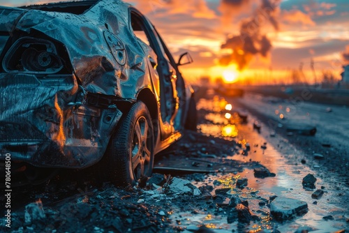 A haunting image of a totaled car at dusk with vibrant sunset in the background, reflecting a sense of loss and tragedy