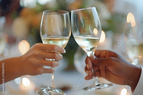 Elegant multiracial couple toasting with wine at a wedding reception