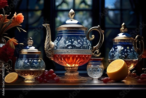 A samovar and porcelain teacups are used in the traditional Russian tea ritual.