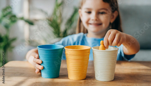 The girl learns colors by playing with wooden cylindrical toy colored human figures and placing them in cups of the appropriate color. The child is happy that he completed the task