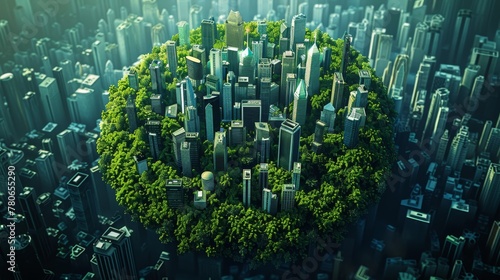 A 3D graphic of Earth featuring a green cityscape