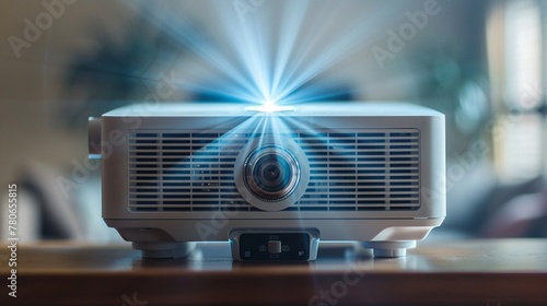 Capture scenes of a white home theater projector mounted on a ceiling mount against a plain white background