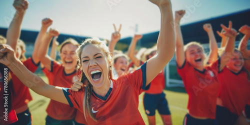 Cheerful team of female soccer players celebrating victory by raising hands and shouting out of joy on stadium