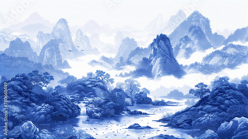 Whispering Winds: Foggy Mountain Scapes in Blue and White