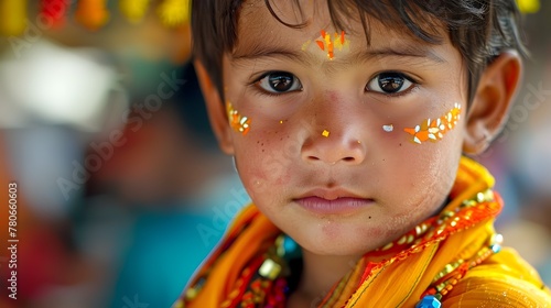 Enigmatic Asian Child Adorned in Traditional Festival Colors Blending Past and Present