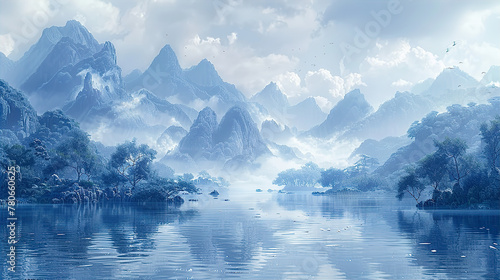 Misty Peaks: Blue and White Foggy Mountains