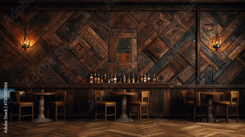 Vintage-style bar interior with wooden decor and dim lighting