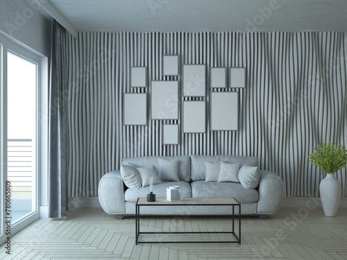 nowoczesny salon z dużą sofą i drewnianą ozdobną ścianą z lamelami i ramkami na ścianie