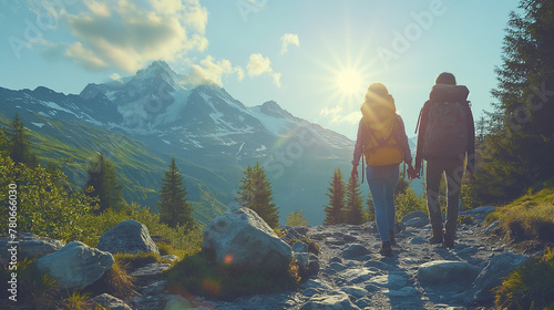 man and girlfriend trekking in the Julian Alps watch the breathtaking golden sunrise as it illuminates the untouched mountain terrain. Young trekkers watching the sunset.