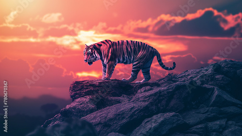 Tigre no topo de uma montanha ao por do sol rosa