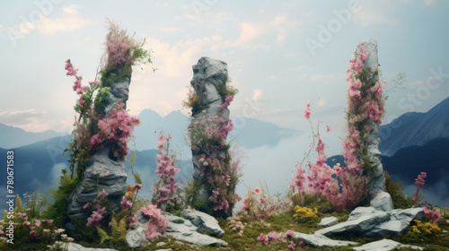 Surreal landscapes where vibrant flowers entwine with towering mountain peaks