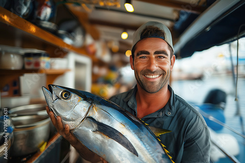 happy man fisherman holds a large sea tuna fish in hands on fishing boat yacht in summer