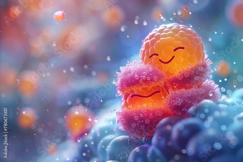 A cheerful insulin molecule hugs a glucose molecule, a creative representation of diabetes management at the cellular level